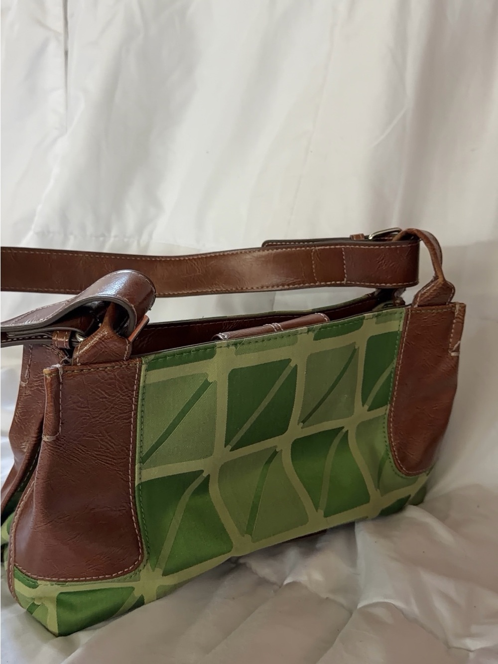 Green Geometric Canvas Shoulder Bag with Brown Leather Trim